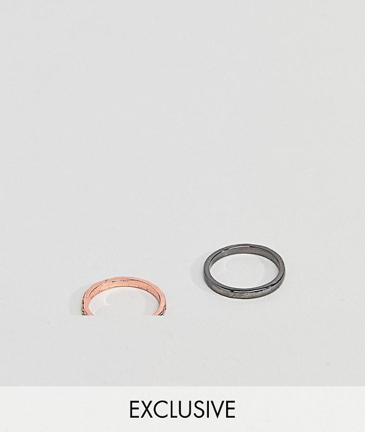Designb Gunmetal & Rose Gold Engraved Band Rings In 2 Pack Exclusive To Asos - Silver