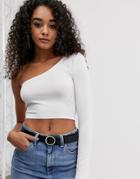 Asos Design One Shoulder Long Sleeve Crop Top In White - White