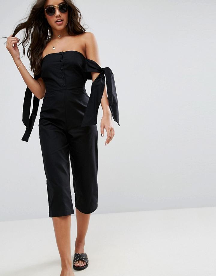 Asos Off Shoulder Jumpsuit With Tie Sleeve Detail - Black