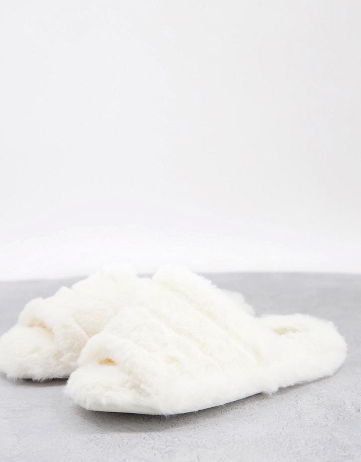 Truffle Collection Fluffy Open Toe Slippers In Cream-white
