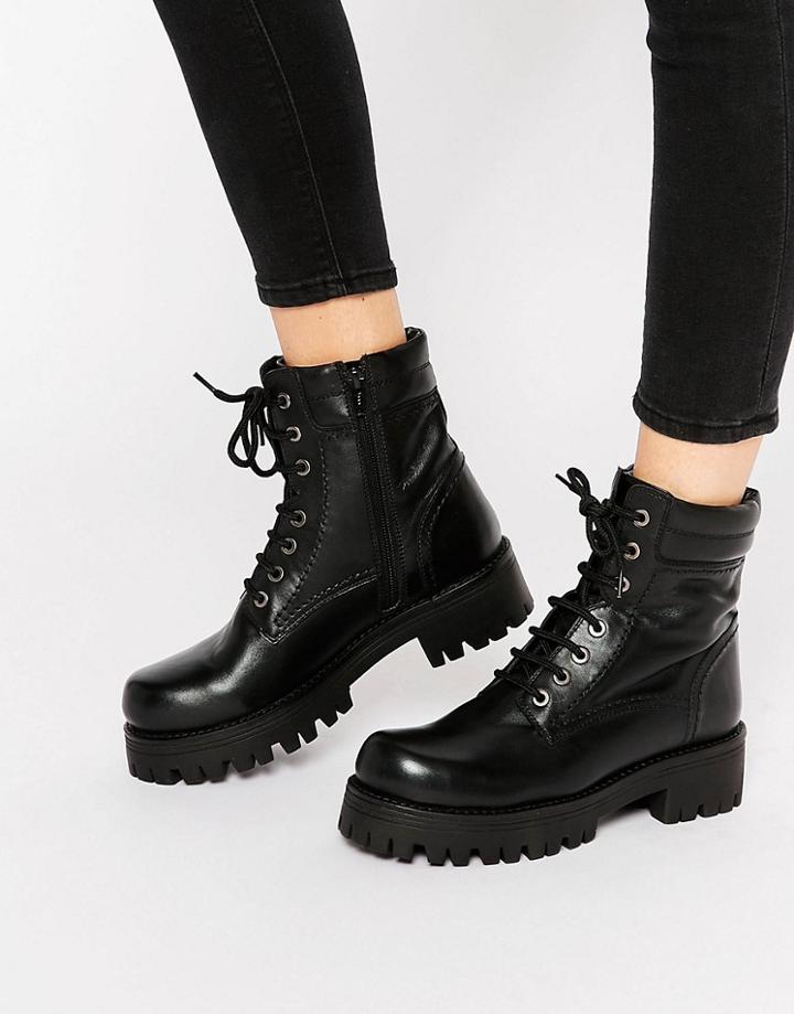Park Lane Chunky Lace Up Leather Ankle Boots - Black