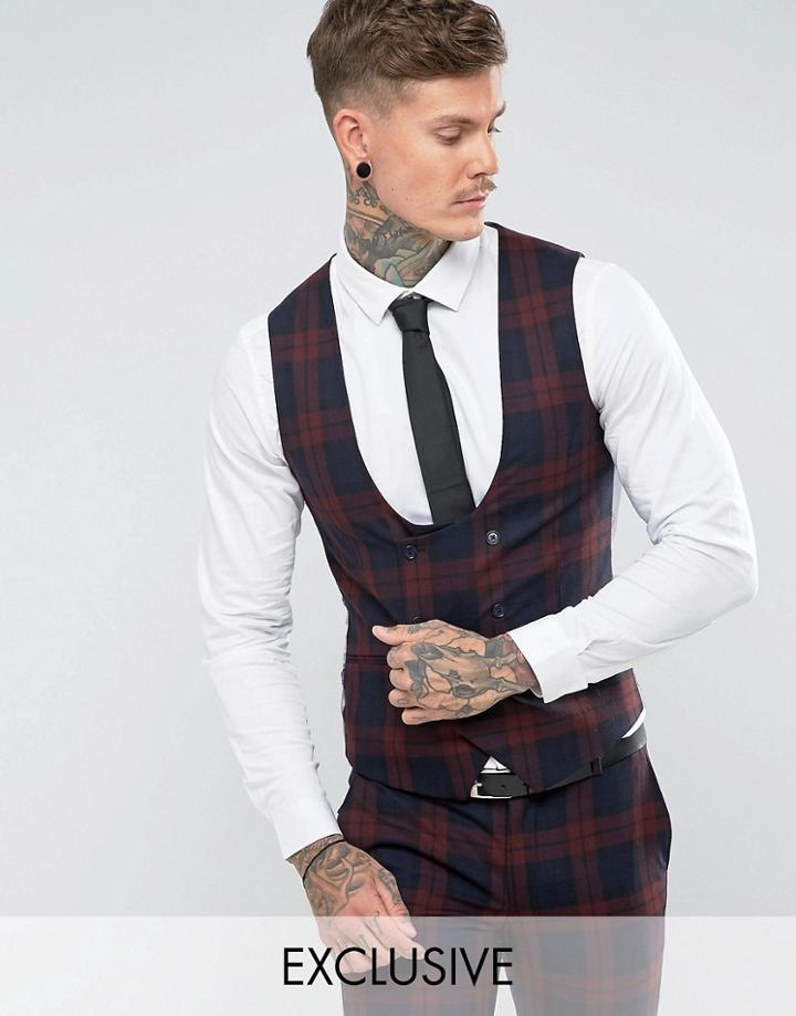 Noose & Monkey Super Skinny Suit Vest In Check - Red