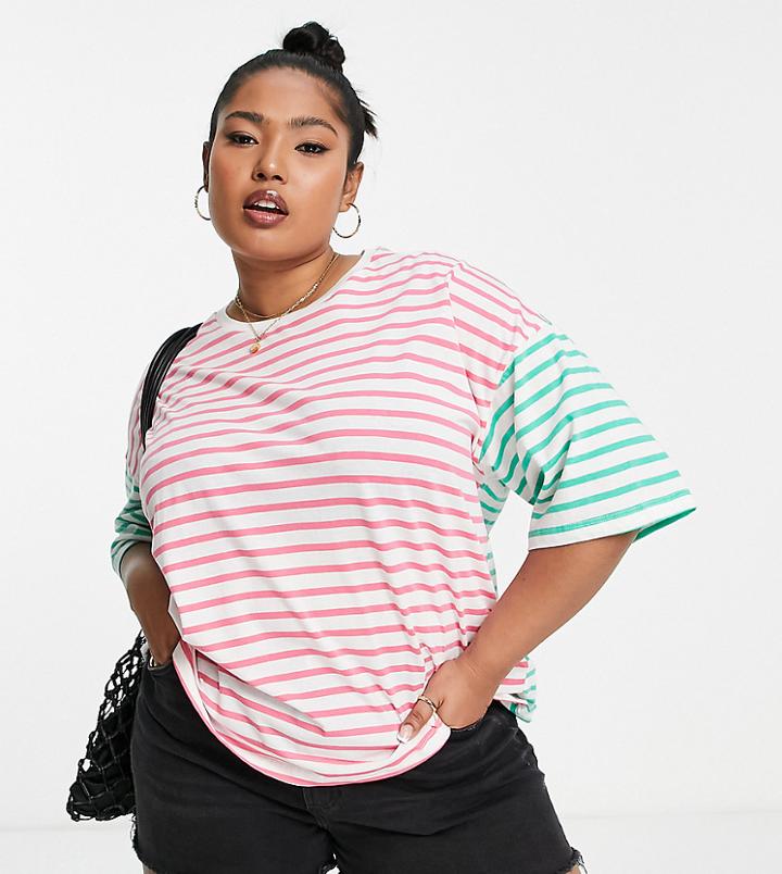 Pieces Curve Boxy T-shirt In Red & Green Stripe-multi