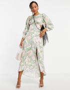 Miss Selfridge Satin Lace Back Midi Dress In Floral Print-green