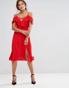 Lunik Ruffle Dress With Side Slit - Red