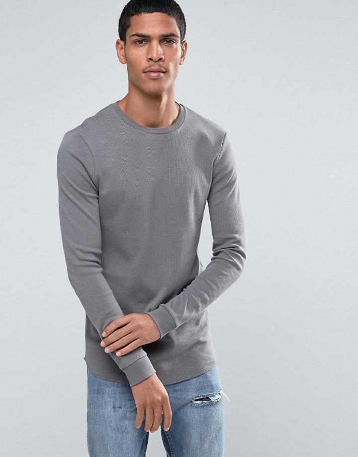 Asos Pique Longline Long Sleeve T-shirt With Curve Hem In Gray - Gray