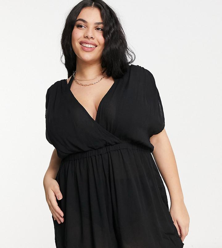Asos Design Curve Crinkle Gathered Plunge Beach Romper In Black