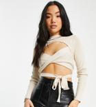 Missguided Petite Wrap Front Crop Sweater In Cream-white