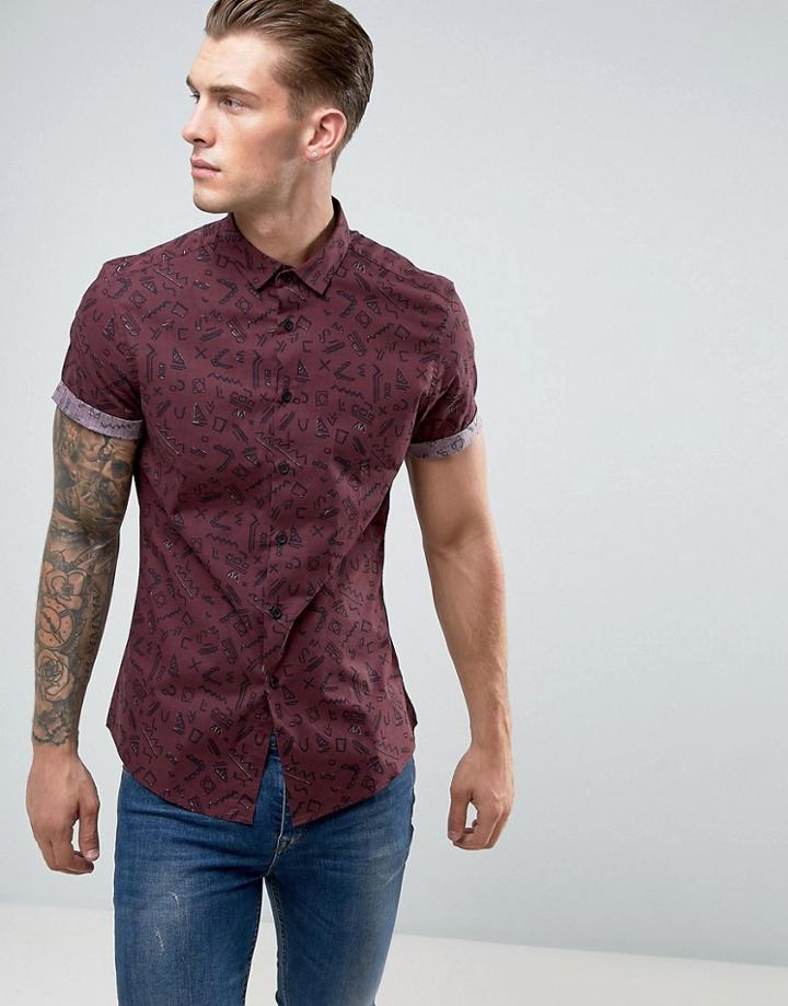Asos Slim Stretch Stencil Print Shirt - Red