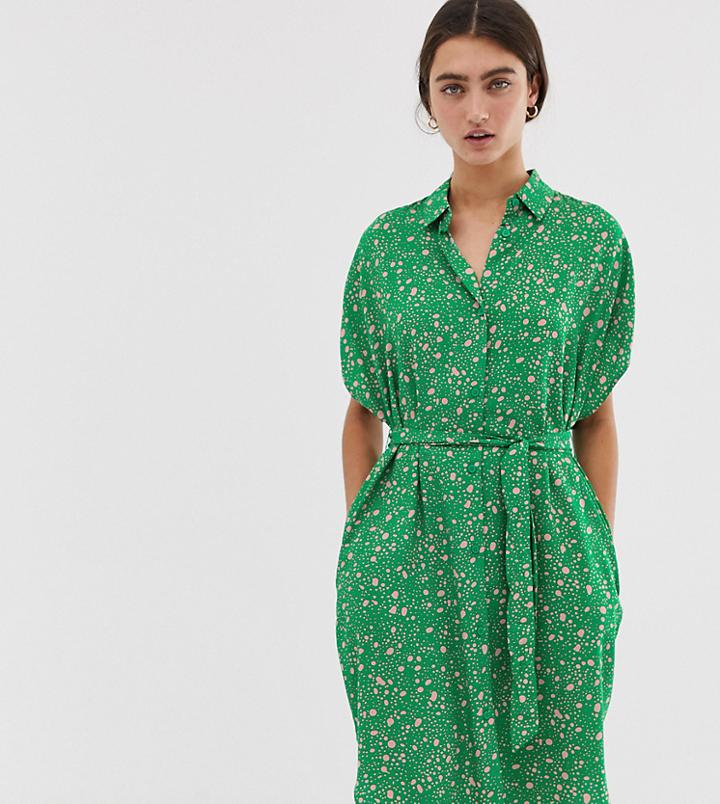 Monki Dot Print Drop Shoulder Shirt Dress In Pink And Green - Green