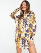 Asos Design Oversized Mini Sweat Dress In Navy And Yellow Tie Dye Print