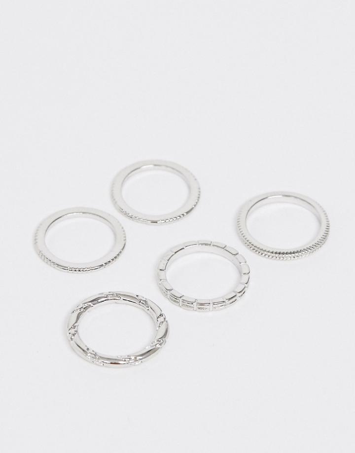 Asos Design Pack Of 5 Rings In Engraved And Twist Designs In Silver Tone - Silver