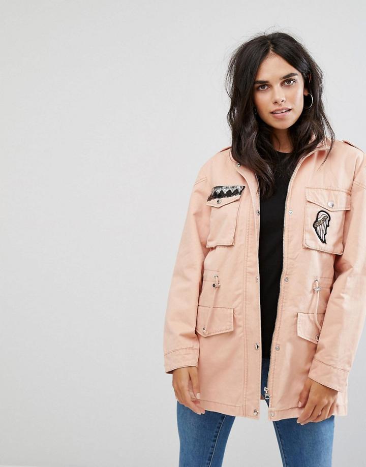 Noisy May Lex Cargo Jacket With Patches - Pink