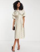 Asos Edition Ditsy Jacquard Midi Dress With Pleat Waist In Multi-pink