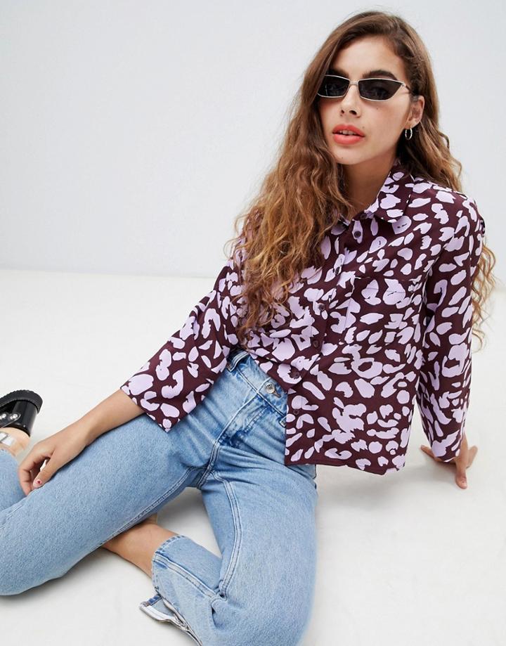 Monki Oversized Leopard Blouse With Pocket In Purple - Multi
