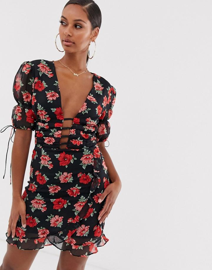 Lioness Madison Plunge Front Mini Dress In Floral-multi