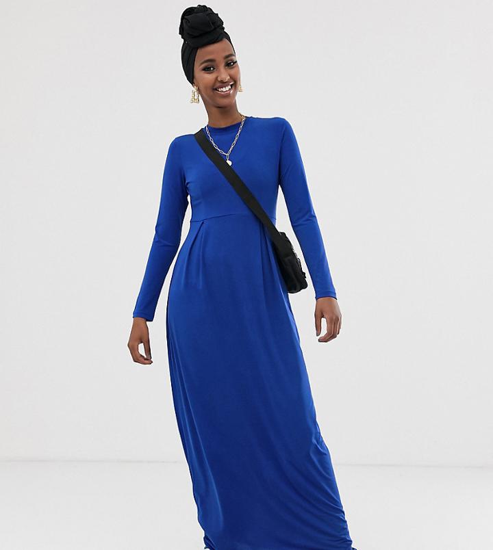 Verona Long Sleeved Jersey Maxi Dress With Pleat In Blue - Blue
