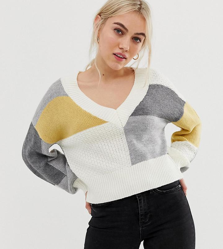 Miss Selfridge Petite Bardot Sweater In Check - Beige