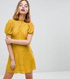 Asos Petite Mini Lace Dress With Puff Sleeve - Yellow