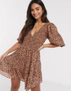 Asos Design Shirred Mini Tiered Smock Dress With V Neck In Polka Dot-multi