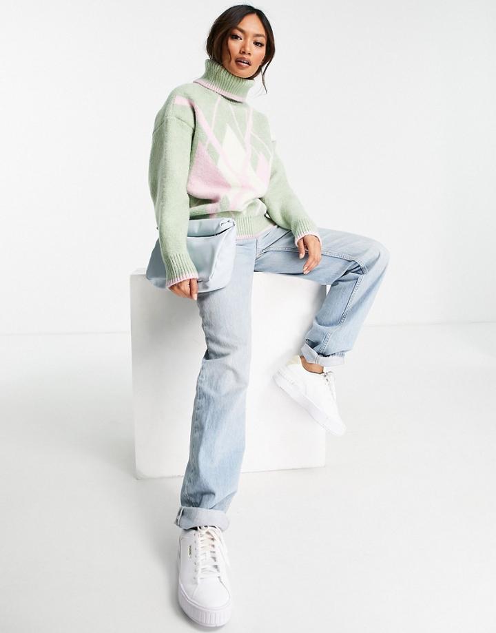 River Island Argyle Check Roll Neck Sweater In Green