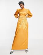 Flounce London Balloon Sleeve Maxi Dress In Cinnamon Floral Satin-orange