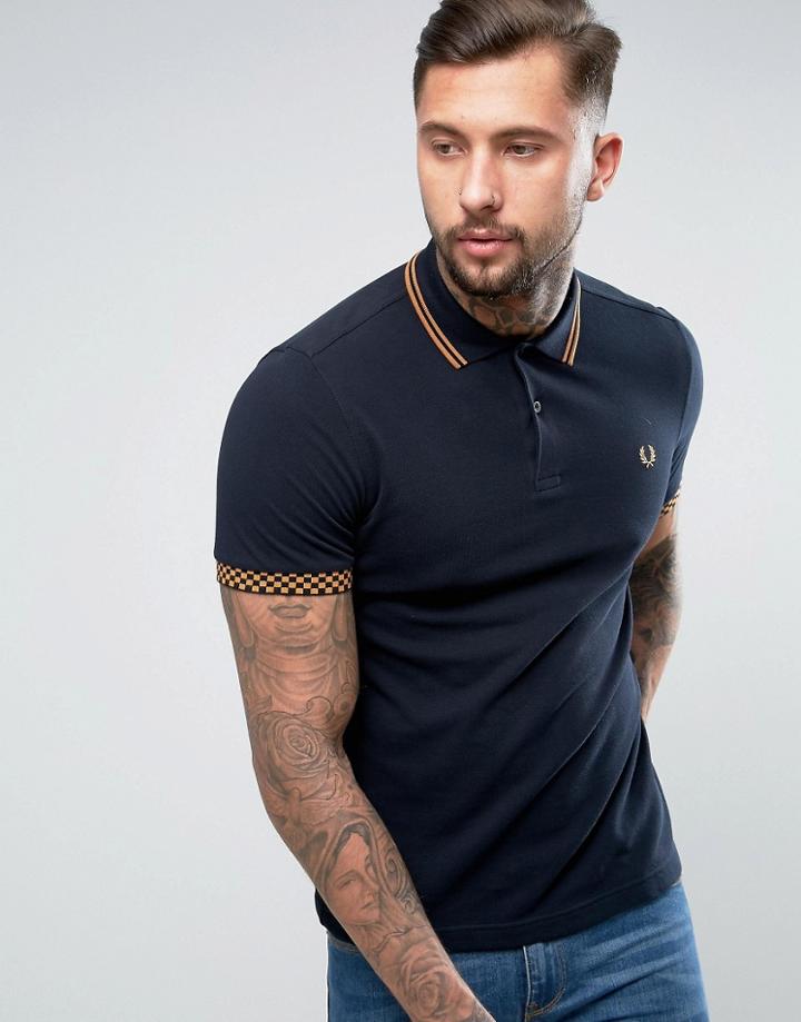 Fred Perry Slim Pique Polo Checkerboard Trim In Navy - Navy