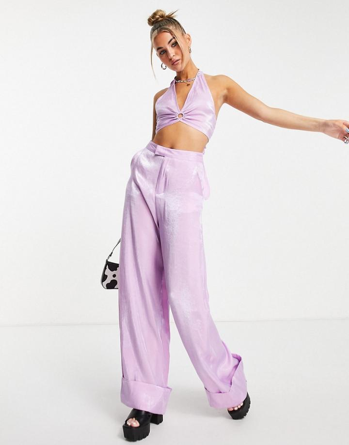 Daisy Street Ring Detail Halter Neck Crop Top In Shimmer Lilac - Part Of A Set-purple