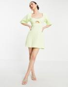 Asos Design Puff Sleeve Cut Out Aline Mini Dress In Lime-green