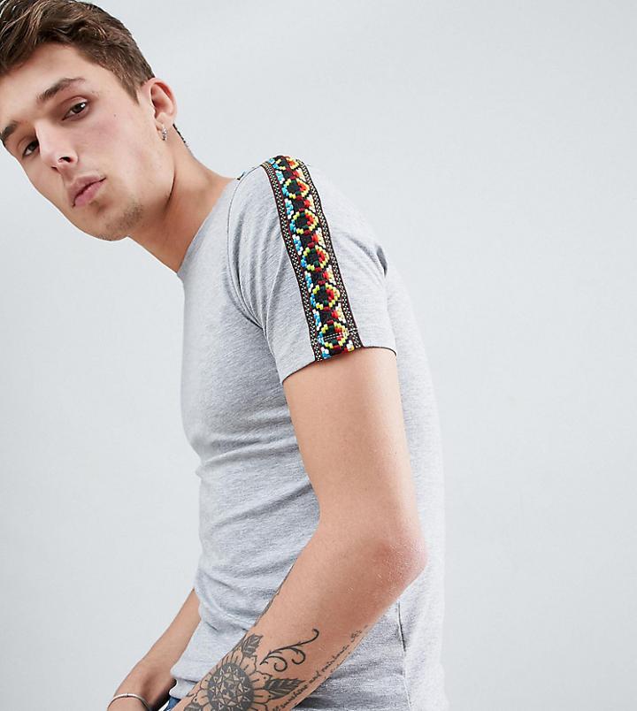 Asos Design Tall Muscle Longline T-shirt With Geo-tribal Taping Shoulders In Gray - Gray