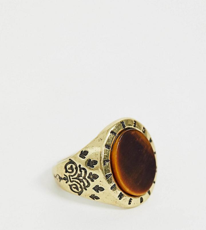 Reclaimed Vintage Branded Tigers Eye Semi Precious Stone Ring In Burnished Gold Exclusive To Asos - Gold