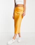 Lola May Tie Waist Satin Midi Skirt In Orange