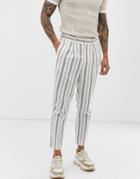 Asos Design Tapered Crop Smart Pants In White Linen Mix Stripe