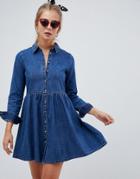Asos Design Denim Smock Shirt Dress In Midwash Blue - Blue