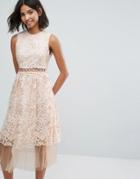Lost Ink Midi Dress With Lace And Embroidery - Beige