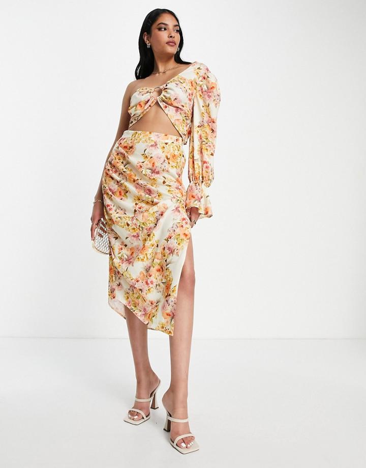 Asos Design Ruched Side Midi Skirt In Soft Floral - Part Of A Set-multi