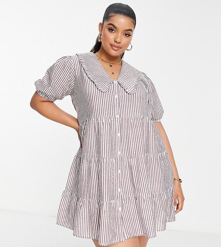 Influence Plus Peter Pan Collar Mini Dress In Brown Gingham