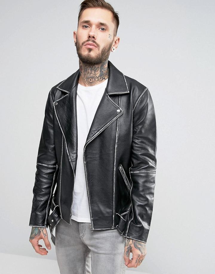 Asos Leather Vintage Look Belted Biker Jacket In Black - Black