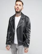 Asos Leather Vintage Look Belted Biker Jacket In Black - Black