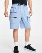 Topman Longline Multi Pocket Cargo Shorts In Blue-blues