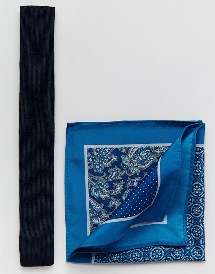 Asos Knitted Tie In Navy With 4 Way Pocket Square - Navy
