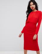 Asos Woven Mixed Pencil Dress With Pleated Top - Red