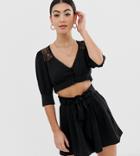 Fashion Union Petite Cropped Blouse With Lace Panels-black