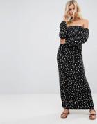 Asos Bardot Long Sleeve Maxi Dress In Polka Dot - Multi