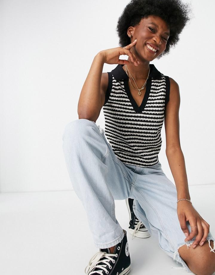 Stradivarius Polo Collar Top In Black Stripe-multi