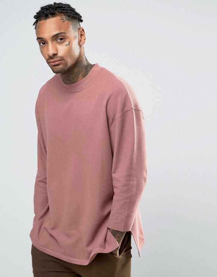 Asos Oversized Longline T-shirt In Waffle Fabric With 3/4 Sleeve - Pin