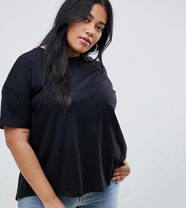 Asos Design Curve T-shirt With Roll Sleeve And Split Back In Black - Black