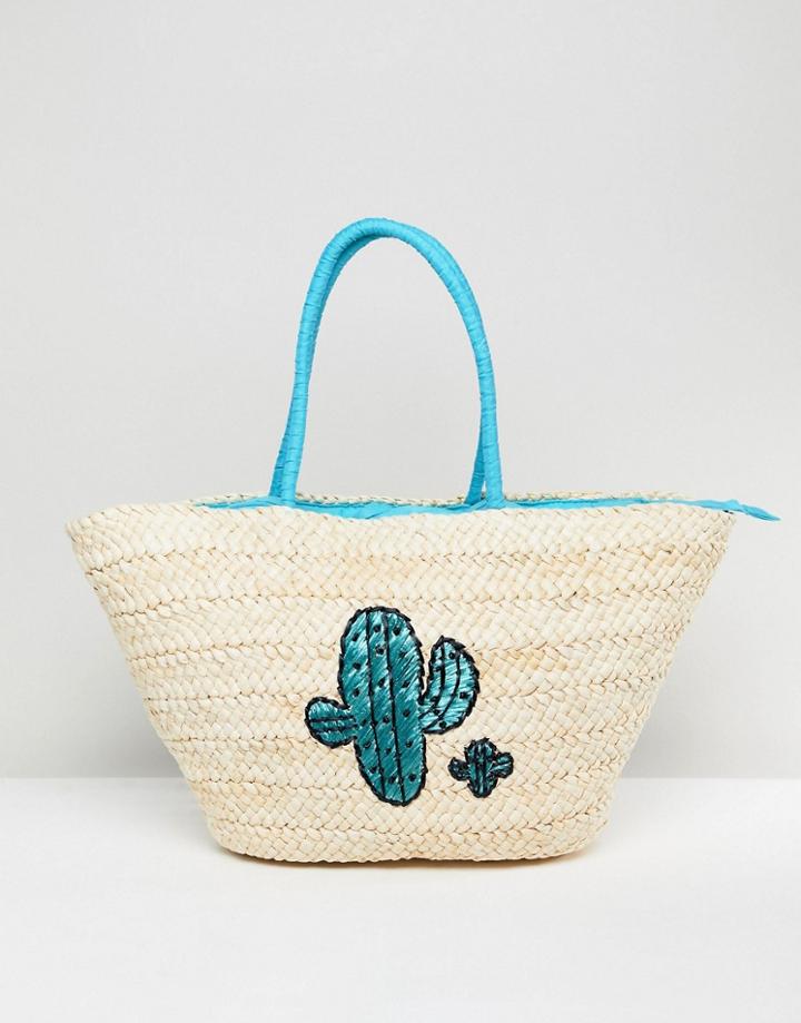 South Beach Straw Beach Bag With Cactus Print - Multi