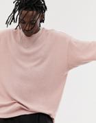 Asos Design Oversized Longline Waffle T-shirt With Half Sleeve In Pink - Pink