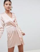 Prettylittlething Satin Twist Front Mini Dress - Pink